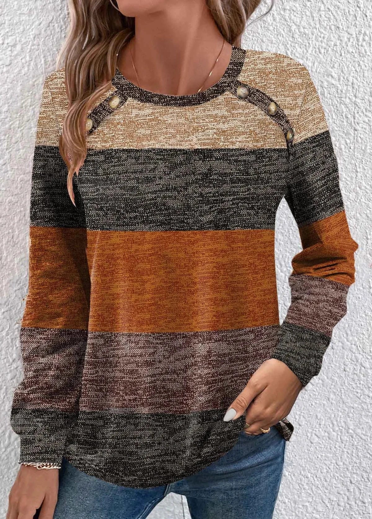 2023 European and American Autumn and Winter New Contrast color button Long sleeve Round neck T-shirt top Women's clothing