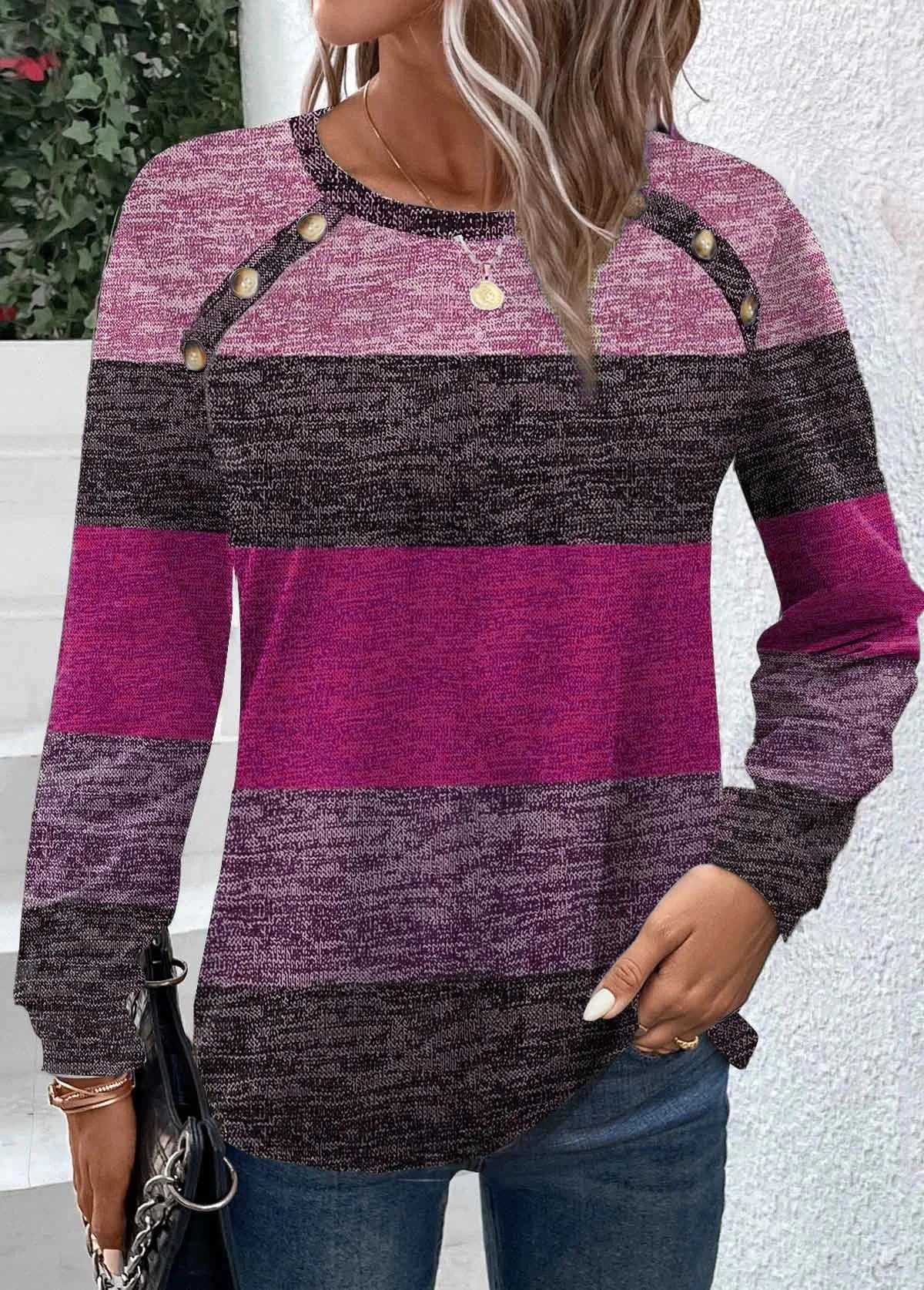 2023 European and American Autumn and Winter New Contrast color button Long sleeve Round neck T-shirt top Women's clothing