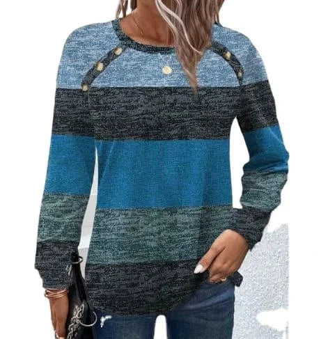 2023 European and American Autumn and Winter New Contrast color button Long sleeve Round neck T-shirt top Women's clothing