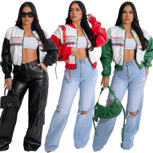 2023 Fall Casual PU Jacket Women's Clothing Fashion Printing Letter Shorts Jacket for Ladies