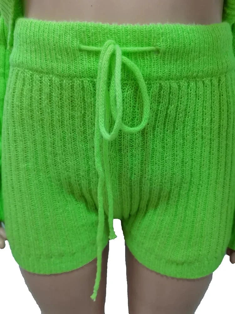 2023 Fall Clothing Knitted 2 Piece Set Women  Cardigan and Short Pants Two Piece Women Fitness Outfits