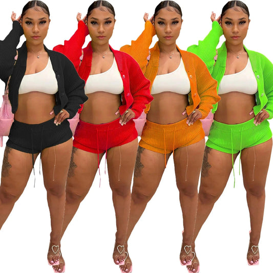 2023 Fall Clothing Knitted 2 Piece Set Women  Cardigan and Short Pants Two Piece Women Fitness Outfits