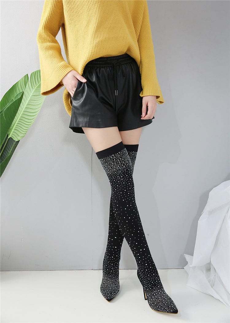 2023 Fashion Runway Crystal Stretch Fabric Sock Boots Pointy Toe Over-the-Knee Heel Thigh High Pointed Toe Woman Boot