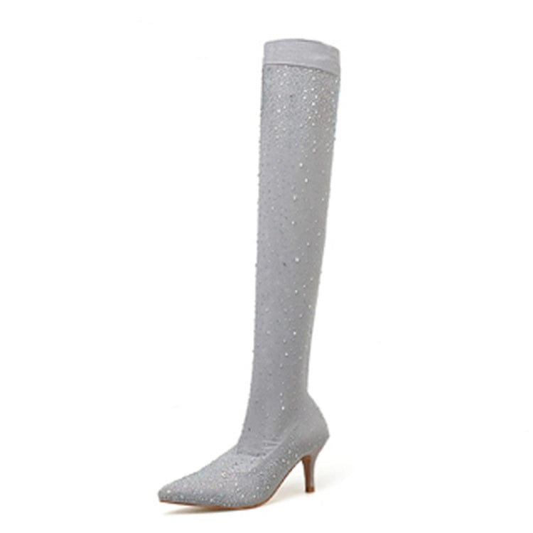 2023 Fashion Runway Crystal Stretch Fabric Sock Boots Pointy Toe Over-the-Knee Heel Thigh High Pointed Toe Woman Boot