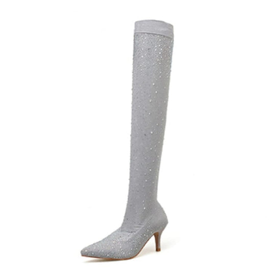 2023 Fashion Runway Crystal Stretch Fabric Sock Boots Pointy Toe Over-the-Knee Heel Thigh High Pointed Toe Woman Boot