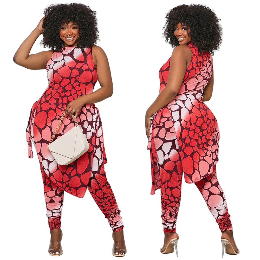 2023 Fashion Sleeveless Printed Plus Size Irregularity Slit Woman Two Piece Set Clothing