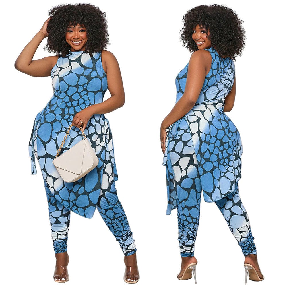 2023 Fashion Sleeveless Printed Plus Size Irregularity Slit Woman Two Piece Set Clothing