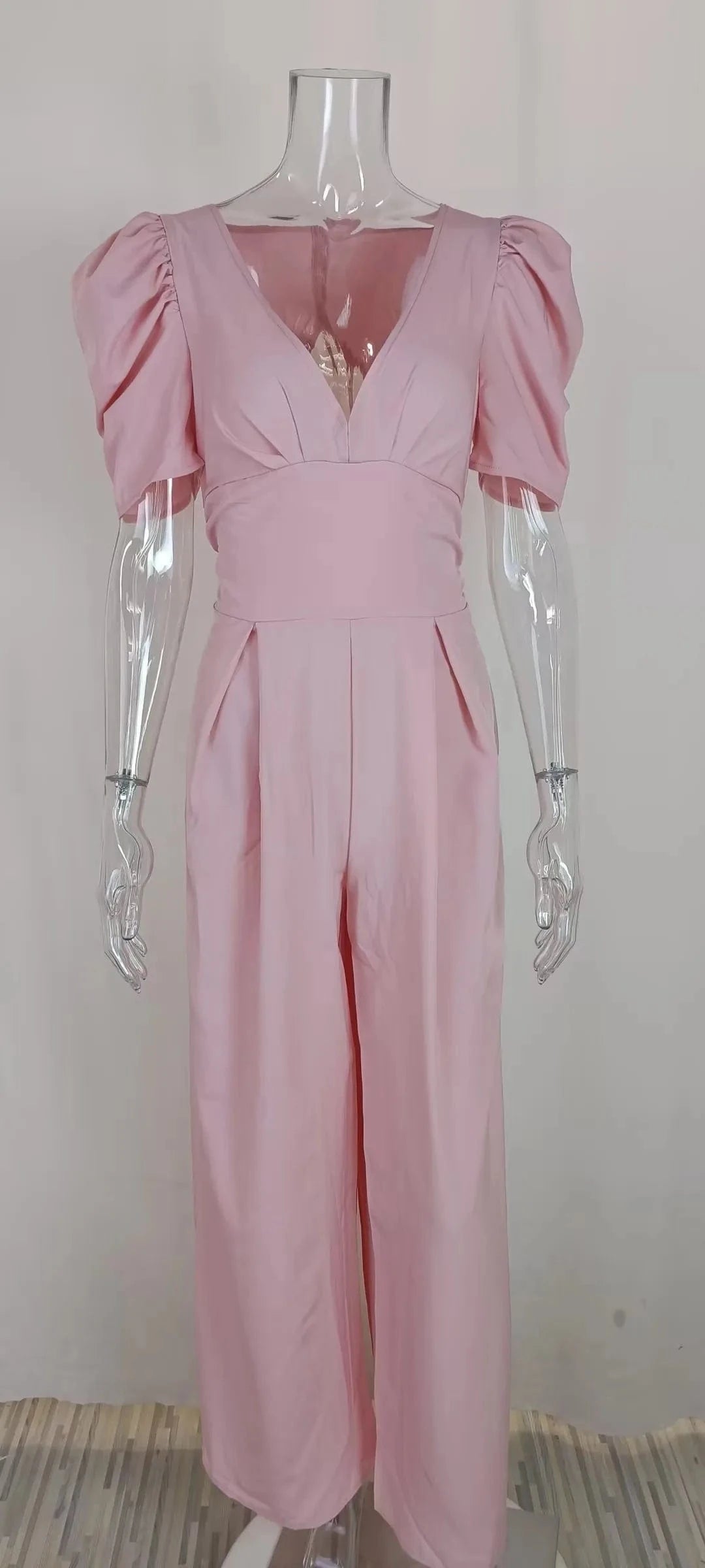 2023 Fashion Women's Clothing Temperament Simple Casual V-neck Puff  Sleeves Sexy Elegance Wide-leg Jumpsuit