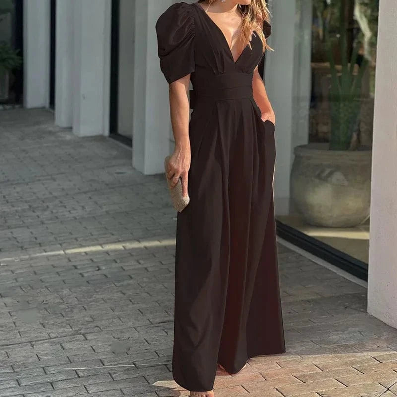 2023 Fashion Women's Clothing Temperament Simple Casual V-neck Puff  Sleeves Sexy Elegance Wide-leg Jumpsuit