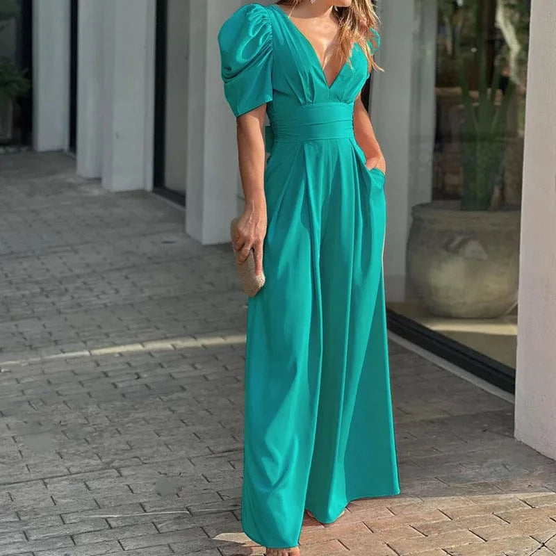 2023 Fashion Women's Clothing Temperament Simple Casual V-neck Puff  Sleeves Sexy Elegance Wide-leg Jumpsuit