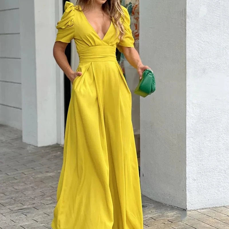2023 Fashion Women's Clothing Temperament Simple Casual V-neck Puff  Sleeves Sexy Elegance Wide-leg Jumpsuit