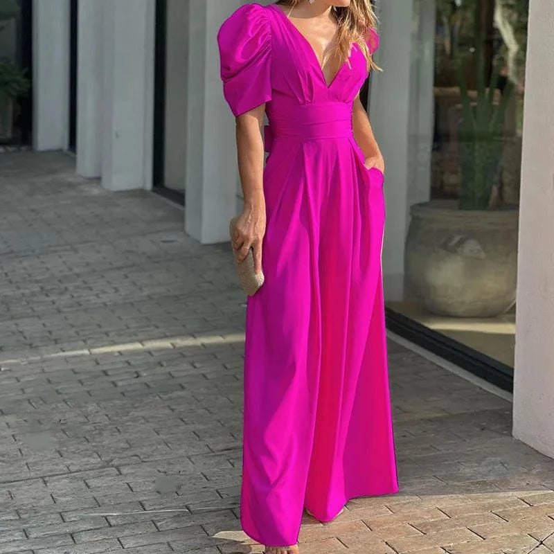 2023 Fashion Women's Clothing Temperament Simple Casual V-neck Puff  Sleeves Sexy Elegance Wide-leg Jumpsuit