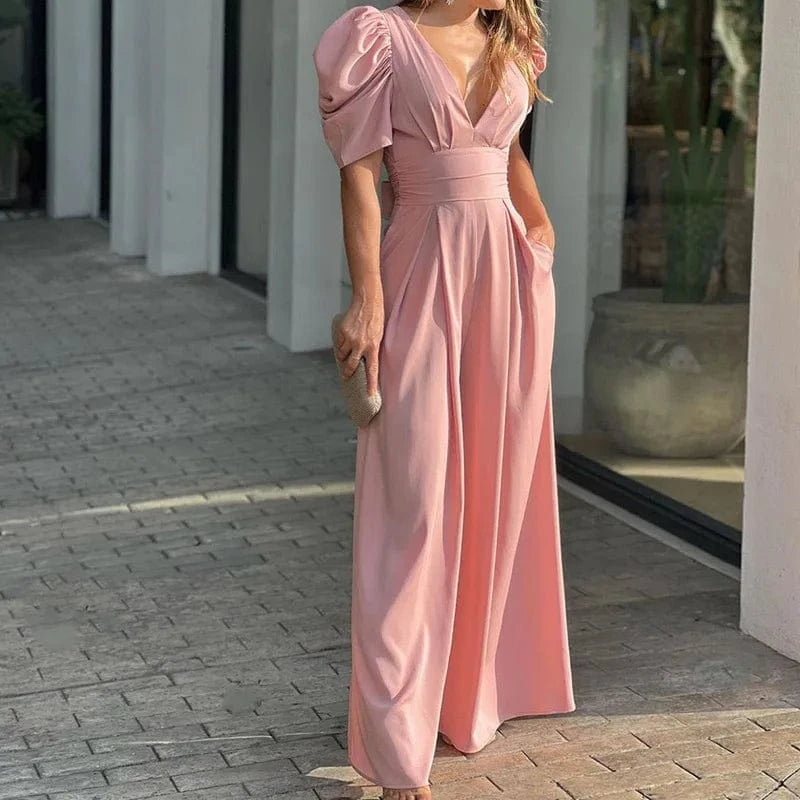2023 Fashion Women's Clothing Temperament Simple Casual V-neck Puff  Sleeves Sexy Elegance Wide-leg Jumpsuit