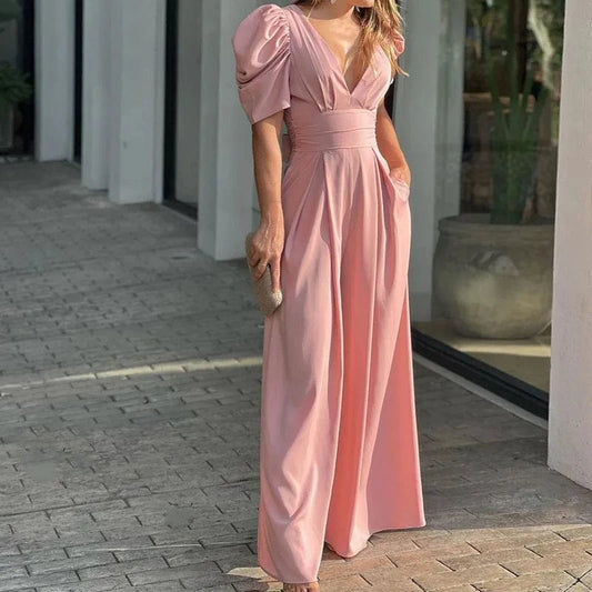 2023 Fashion Women's Clothing Temperament Simple Casual V-neck Puff  Sleeves Sexy Elegance Wide-leg Jumpsuit