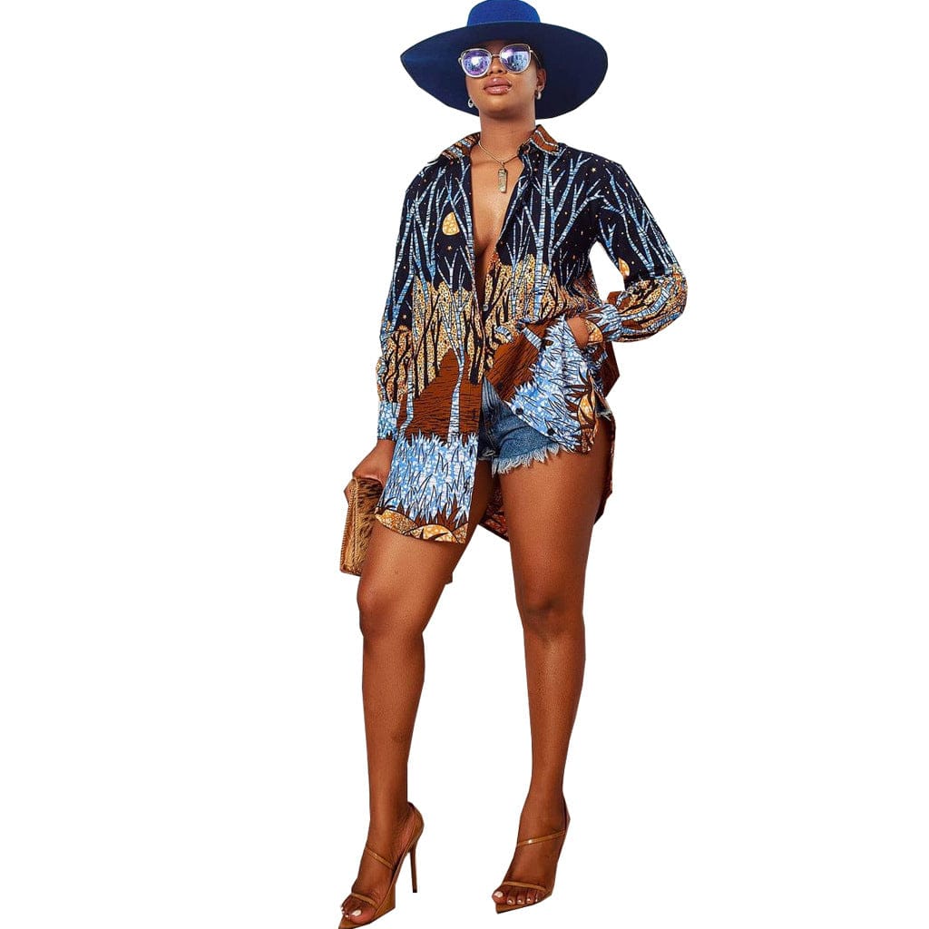 2023 High Quality Casual Floral Print Long sleeve Button Up Tunic Top Turndown Collar Club Long Shirt Womens Blouse Dress S-2XL