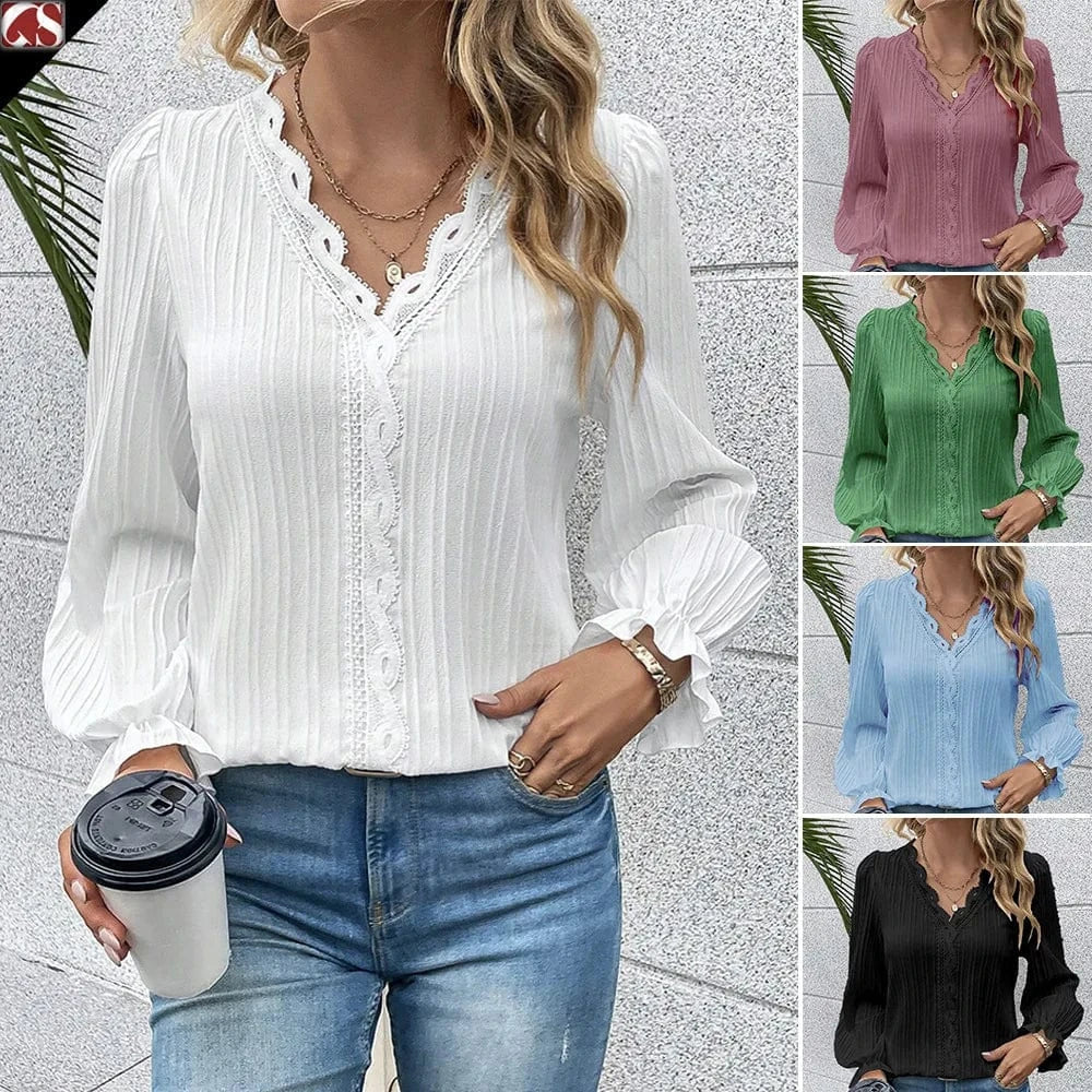 2023 Hot Autumn Long sleeve V-neck Lace Solid color Stitching hollow Women's shirt