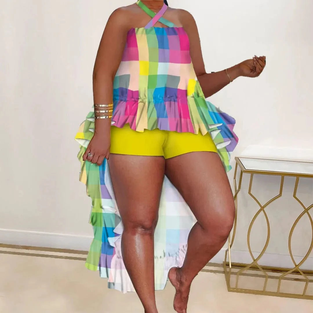 2023 Hot Sale Casual Women's Sets Products Fashion Plus Size Women's Clothing Graphic-Print Halterneck Sleeveless Top Shorts