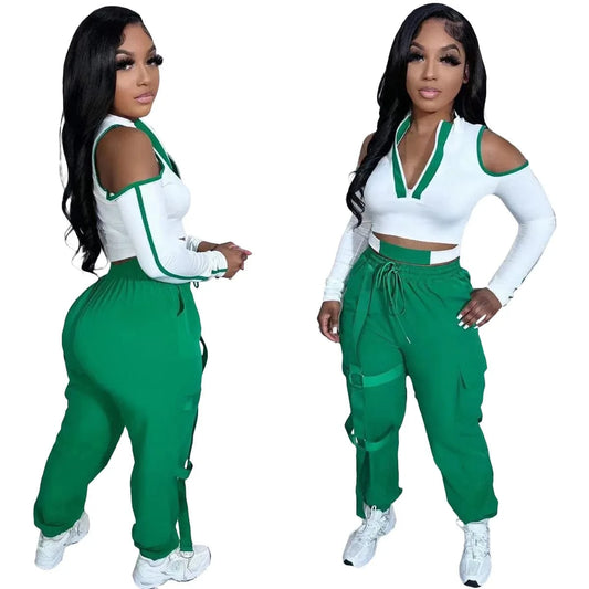 2023 Hot Sale Fall Winter Outfit Women Zip Up Top With Cargo Pants Cold Shoulder Plus Size Cut Out Two Piece Jogging Suit