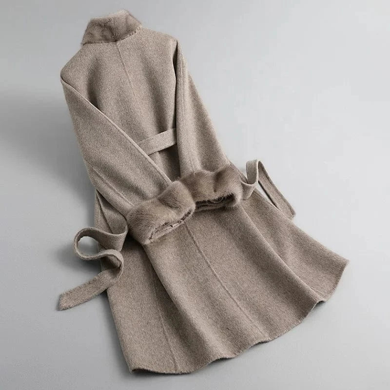 2023 Long Oversized Wool Cashmere Coat Korean Casual Mink Fur Coat With Belt