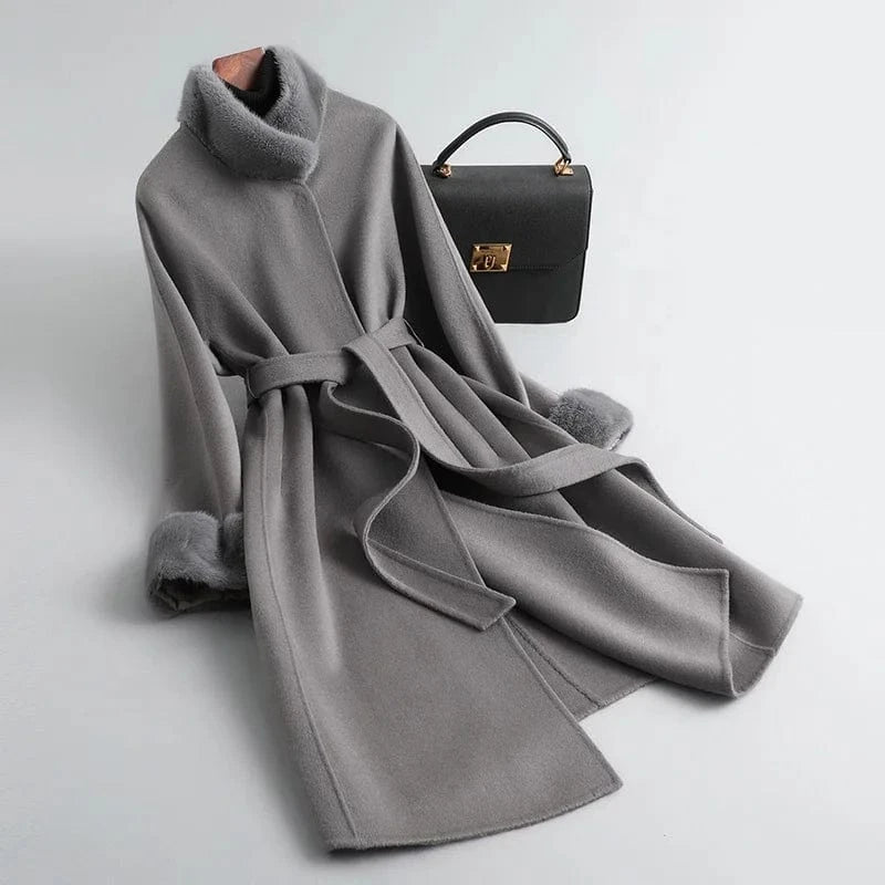2023 Long Oversized Wool Cashmere Coat Korean Casual Mink Fur Coat With Belt