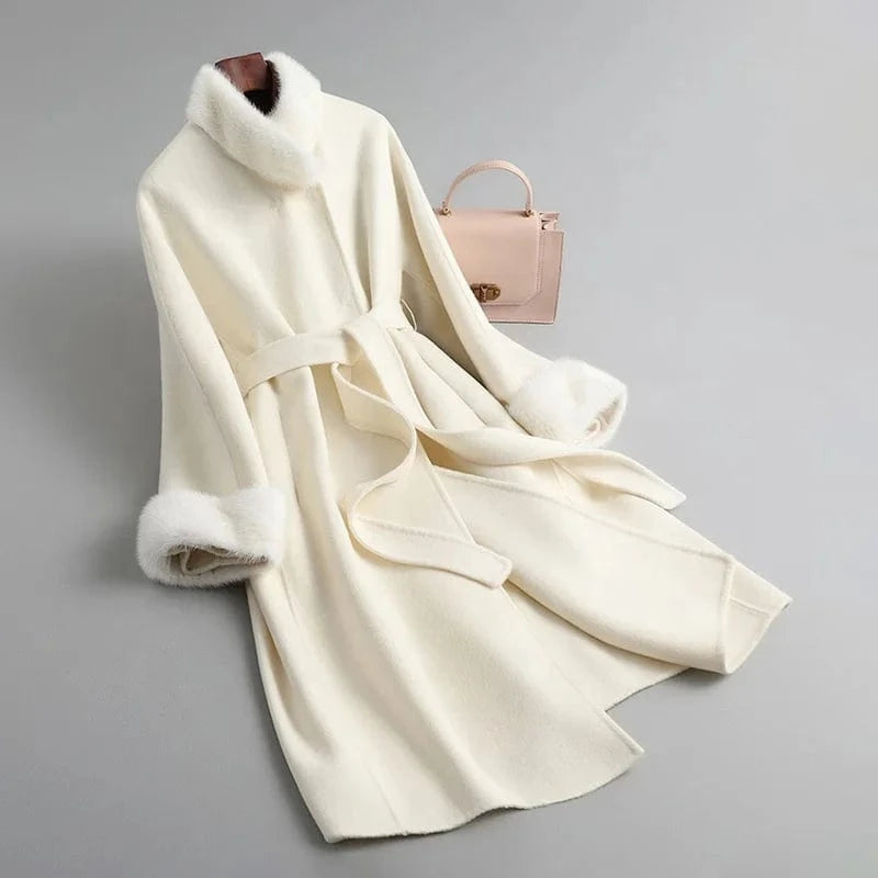 2023 Long Oversized Wool Cashmere Coat Korean Casual Mink Fur Coat With Belt