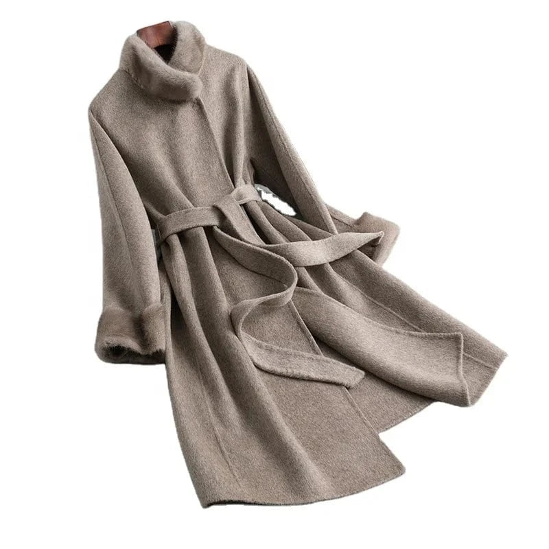 2023 Long Oversized Wool Cashmere Coat Korean Casual Mink Fur Coat With Belt