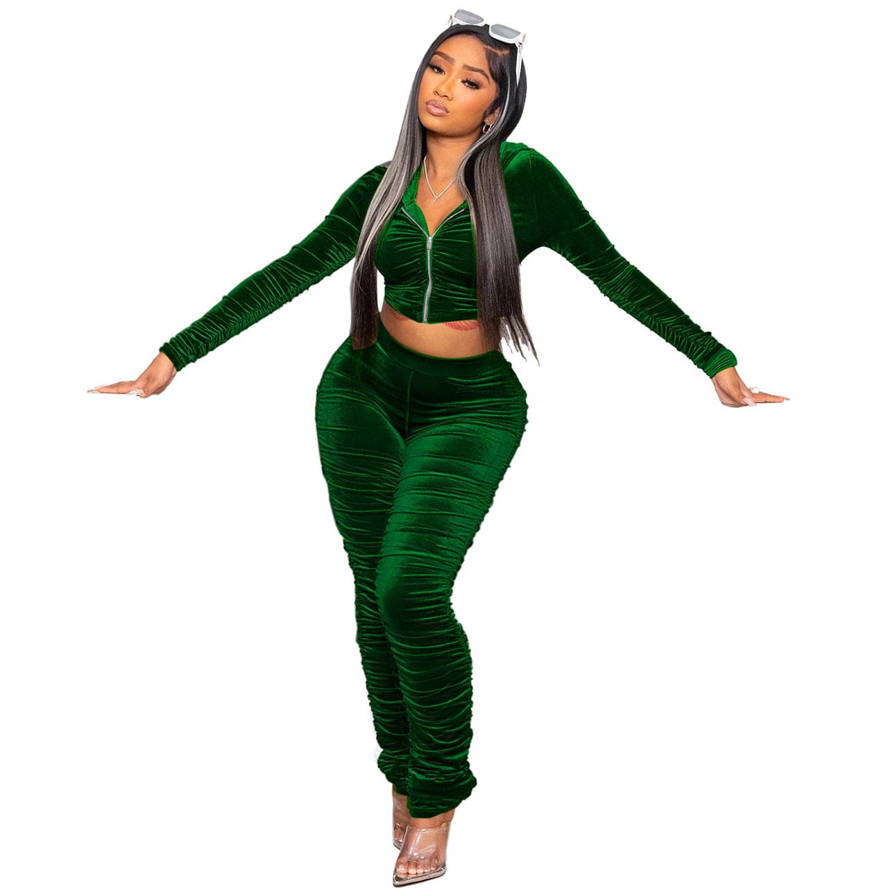 2023 New Arrival stacked sweat pants Hooded Long Sleeve Pleated Casual two piece velvet set women velvet tracksuit
