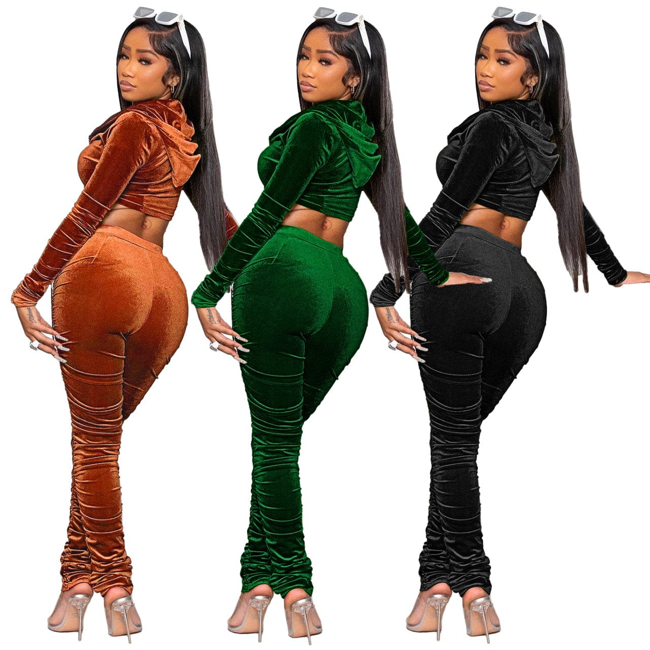 2023 New Arrival stacked sweat pants Hooded Long Sleeve Pleated Casual two piece velvet set women velvet tracksuit