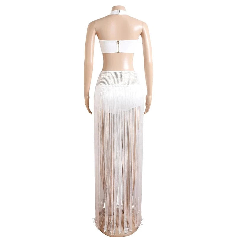 2023 New Arrival Summer Ladies Two Piece Outfits Fringe Skirt White Beach Wear