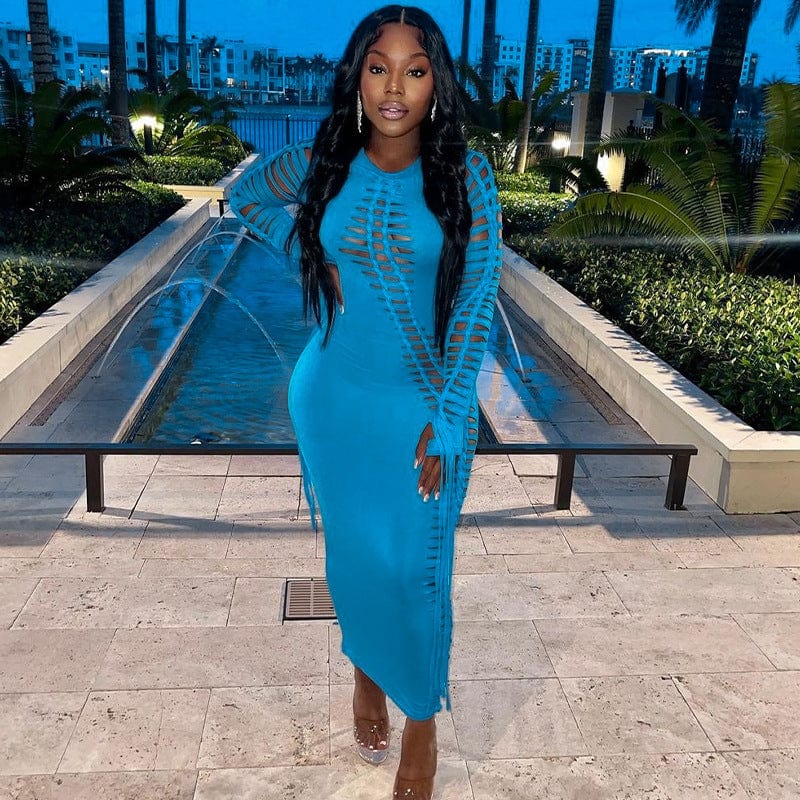 2023 New Arrival Women Fall Dresses For Women Sexy Long Sleeve Dresses Cut Out Lace Up Sexy Bodycon Maxi Dress