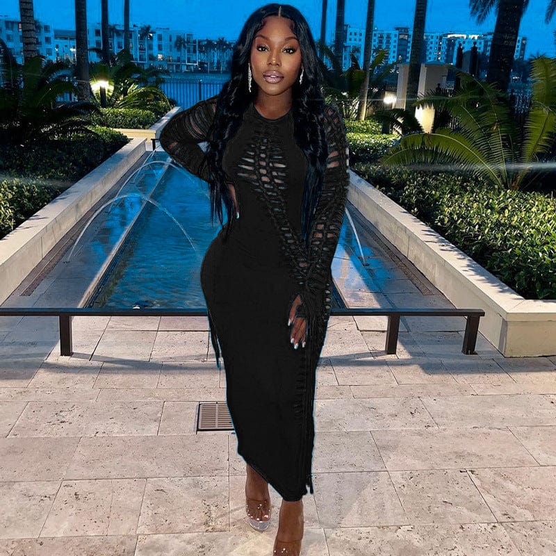 2023 New Arrival Women Fall Dresses For Women Sexy Long Sleeve Dresses Cut Out Lace Up Sexy Bodycon Maxi Dress