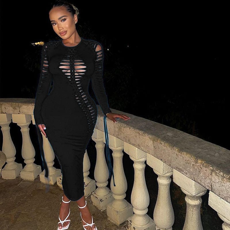 2023 New Arrival Women Fall Dresses For Women Sexy Long Sleeve Dresses Cut Out Lace Up Sexy Bodycon Maxi Dress