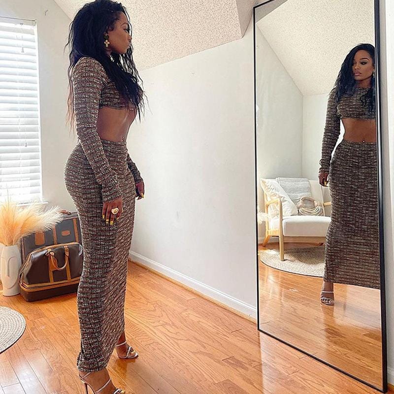 2023 New Arrival Women Set Wholesale Autumn 2 Piece Set Women Fall 2023 Long Sleeve Sexy Backless Maxi Skirt Set