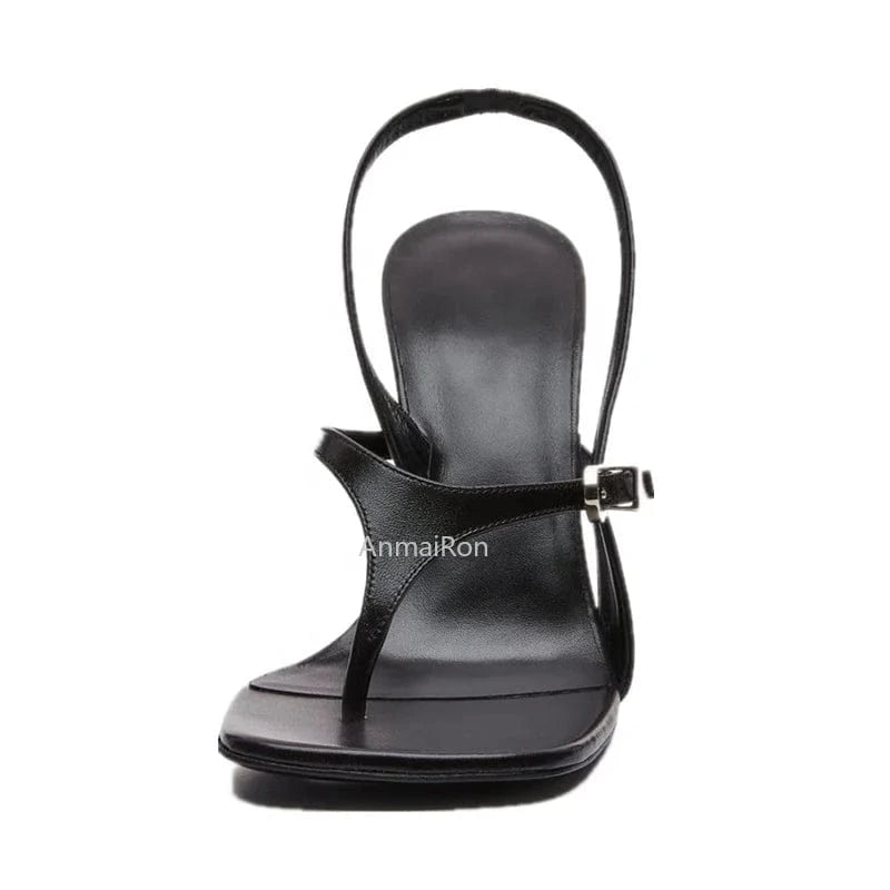 2023 New arrivals luxury sexy black leather strap thin heel designer thong sandals for women and ladies heel shoes