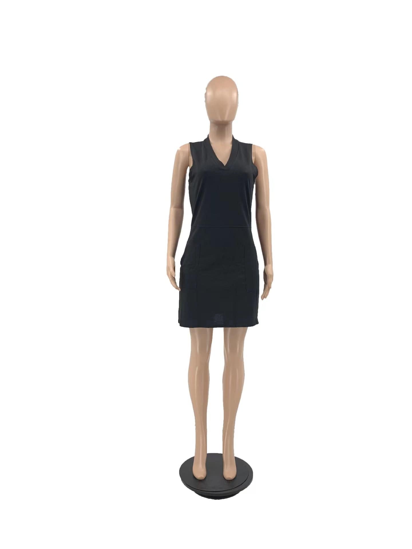 2023 New arrivals solid color plus size women v neck sleeveless summer dress with pocket loose casual dress