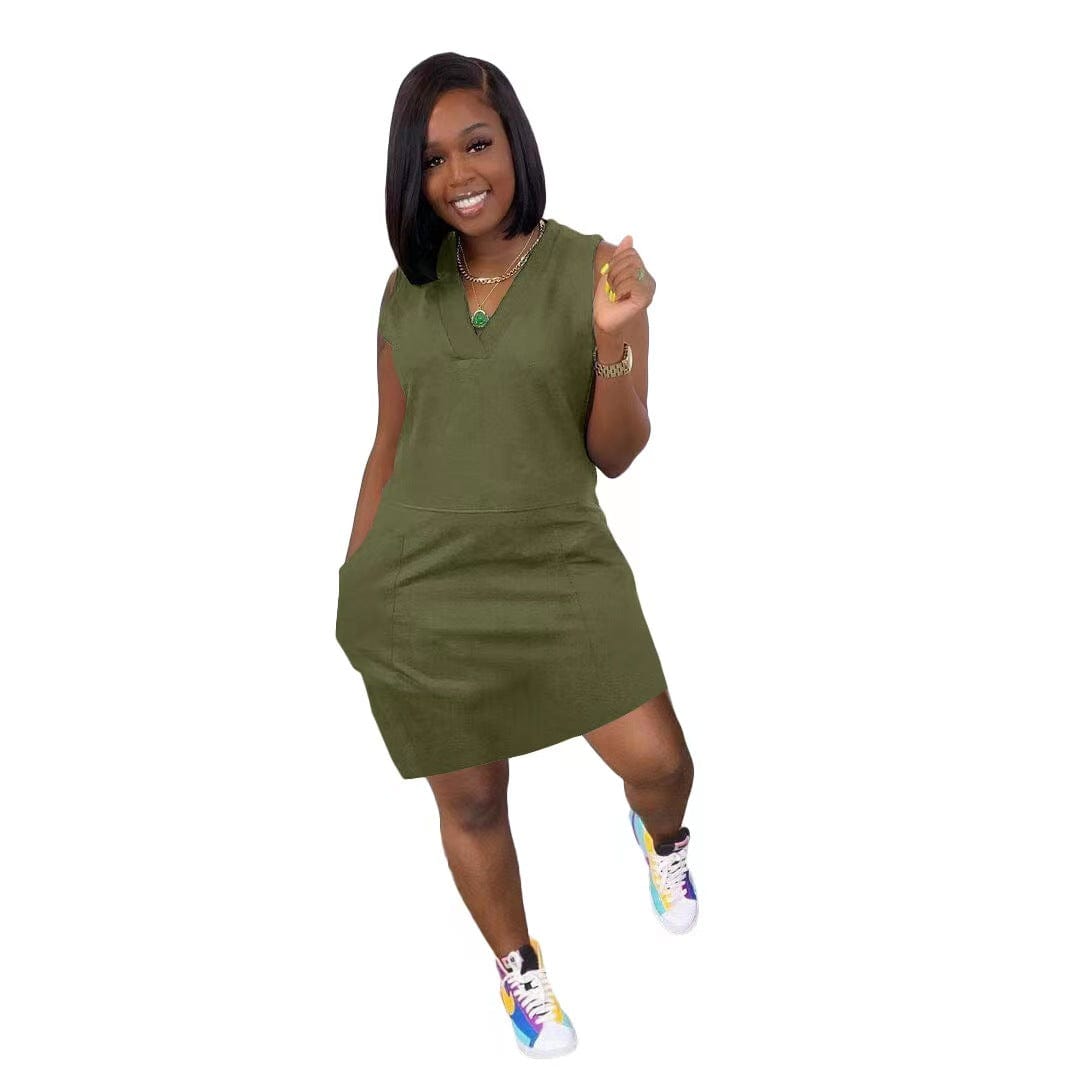 2023 New arrivals solid color plus size women v neck sleeveless summer dress with pocket loose casual dress