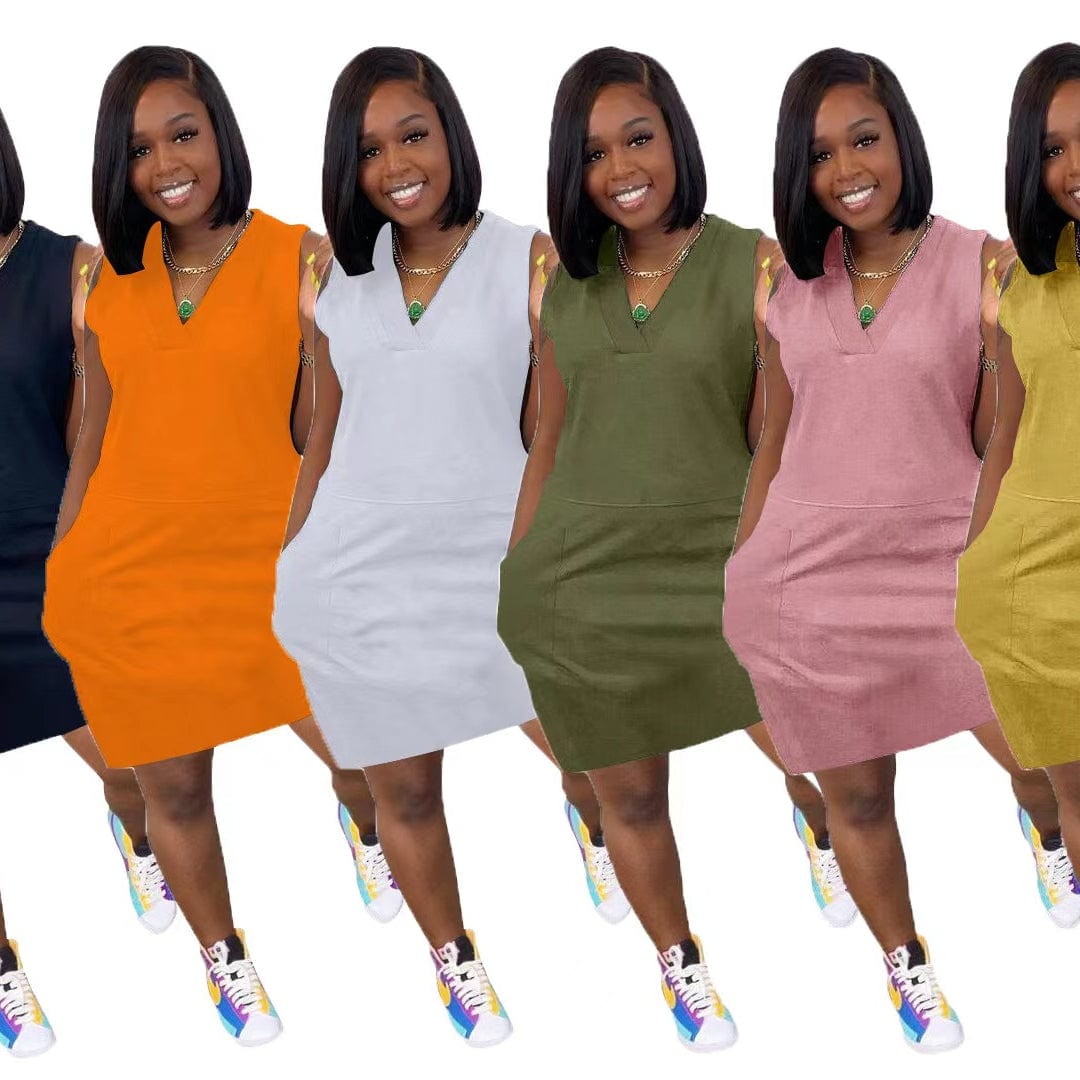 2023 New arrivals solid color plus size women v neck sleeveless summer dress with pocket loose casual dress