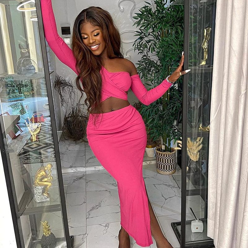 2023 New Arrivals Spring Sexy Breast Wrapped Long Sleeve Slit Skirt Suit Womens Clothing