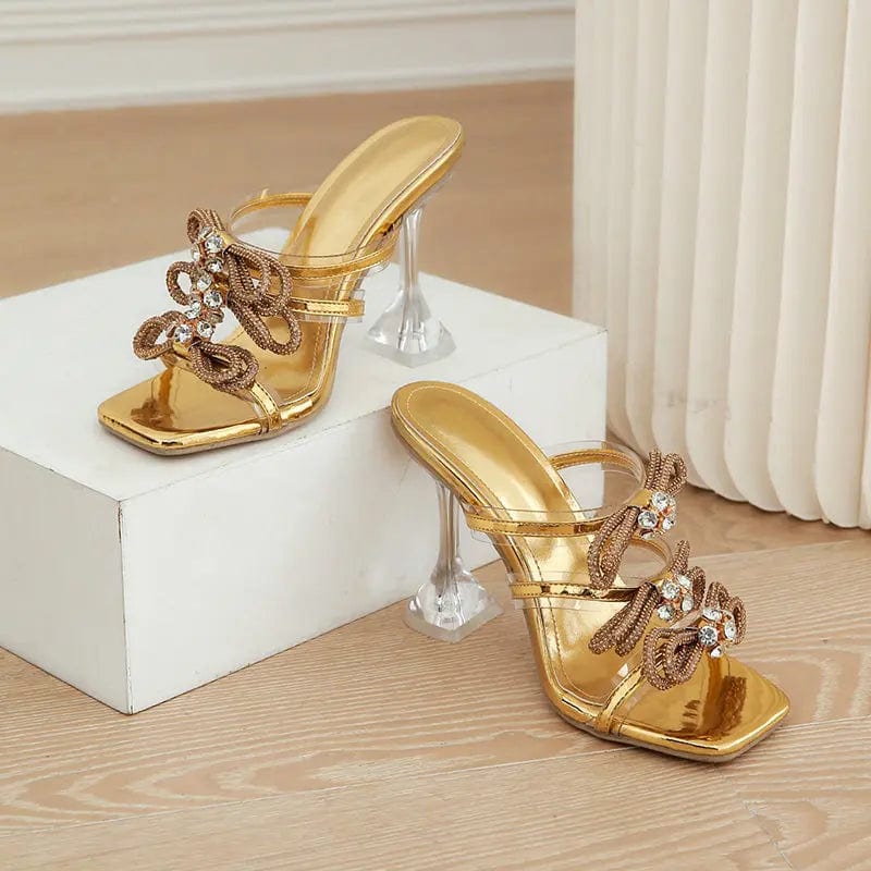 2023 New European and American Rhinestone Bowknot Transparent Wine Cup Heel Sandals Gold Silver Women's Shoes