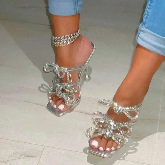2023 New European and American Rhinestone Bowknot Transparent Wine Cup Heel Sandals Gold Silver Women's Shoes