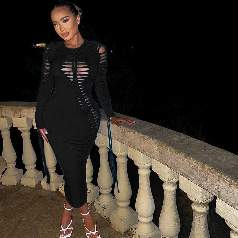 2023 New Fashion Women Fall Dresses For Women Sexy Long Sleeve Dresses HOLLOW OUT Cut Out Lace Up Sexy Bodycon Maxi Dress