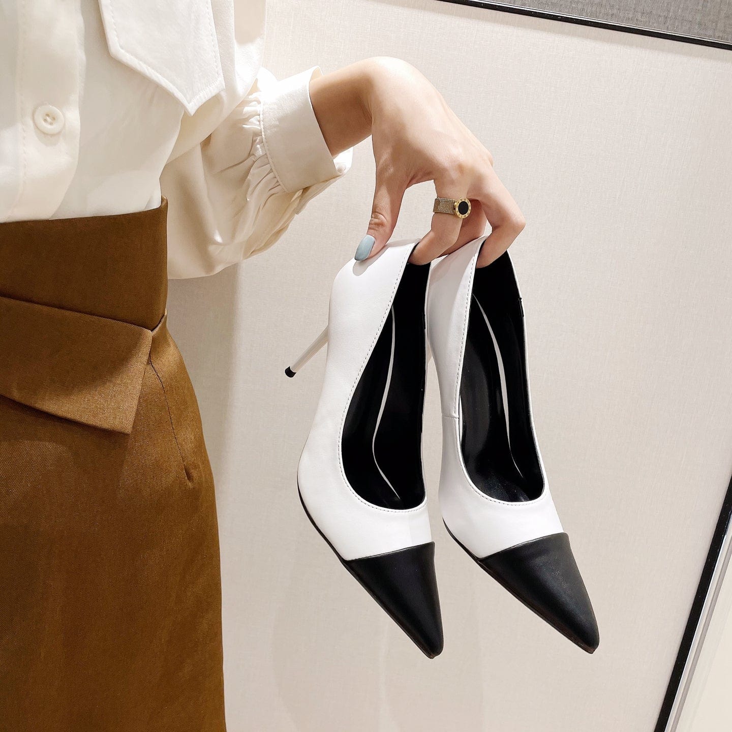 2023 new high-heeled stitching banquet all-match women's single shoes stiletto pointed toe commuter women's pumps