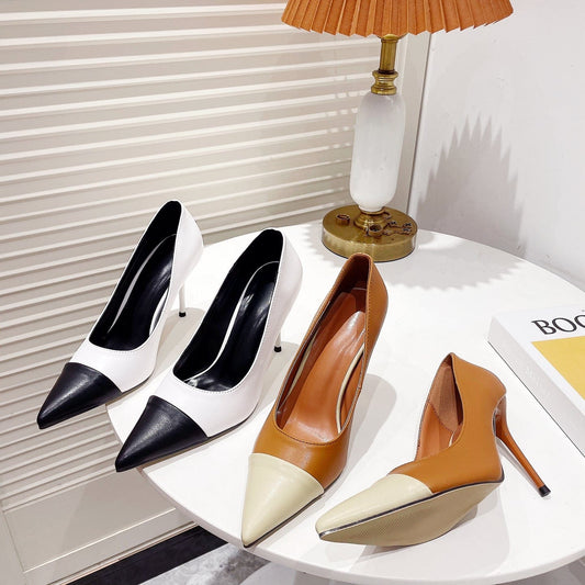 2023 new high-heeled stitching banquet all-match women's single shoes stiletto pointed toe commuter women's pumps