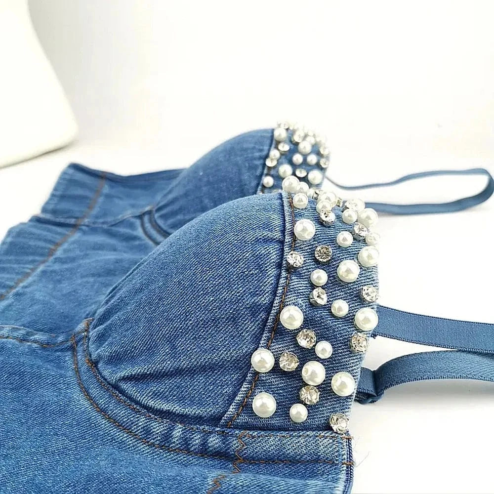 2023 New Ladies fashion corset tops Pearl Accessories Denim corsets tops for women's Sexy