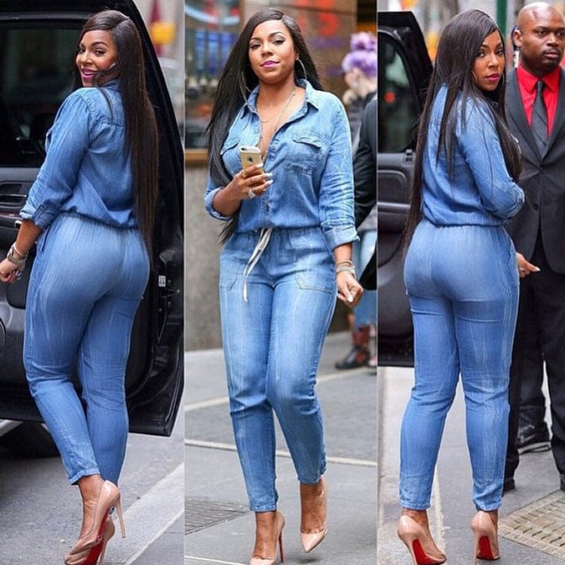 2023 New Product Plus Size Overall Blue Jeans Jumpsuits Denim Women Long Sleeve Button Up Jumpsuit Jeans For Women