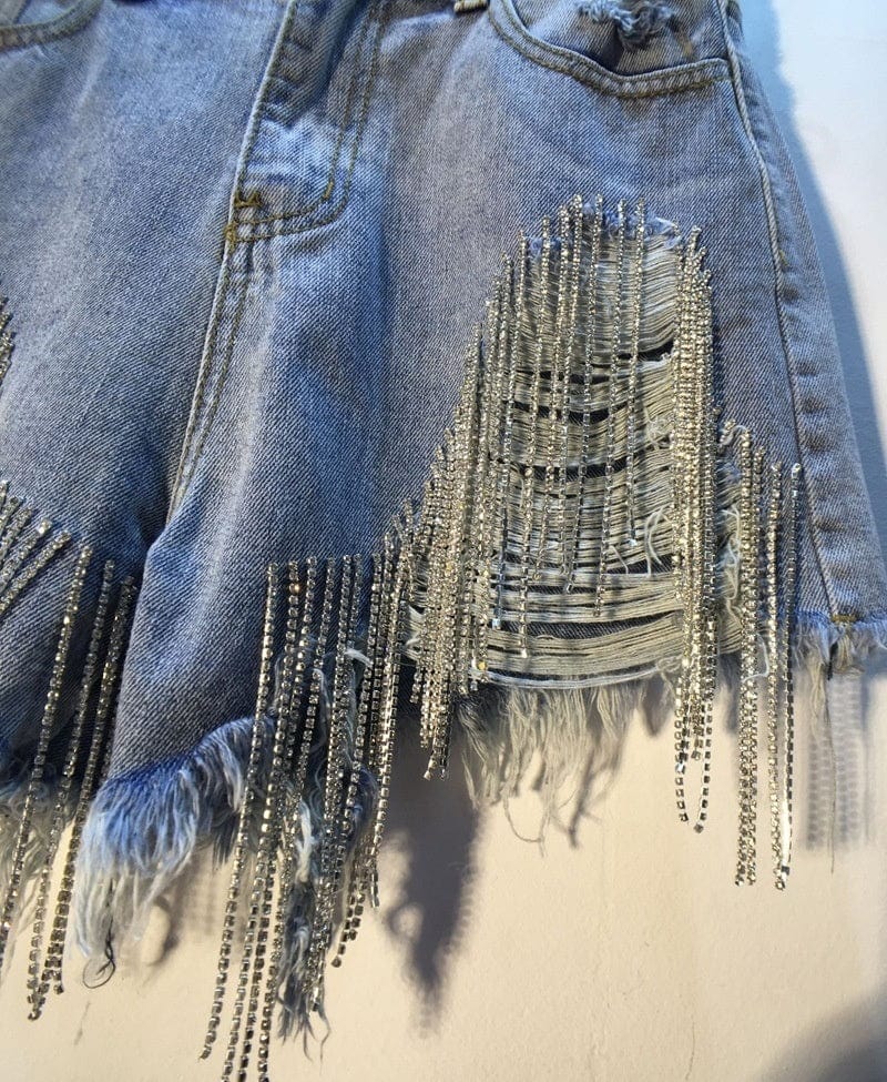 2023 New Summer Sexy Diamond Crystal Rhinestone 3XL High Waist Tassel Ripped Jean Shorts Women Denim Shorts For Women