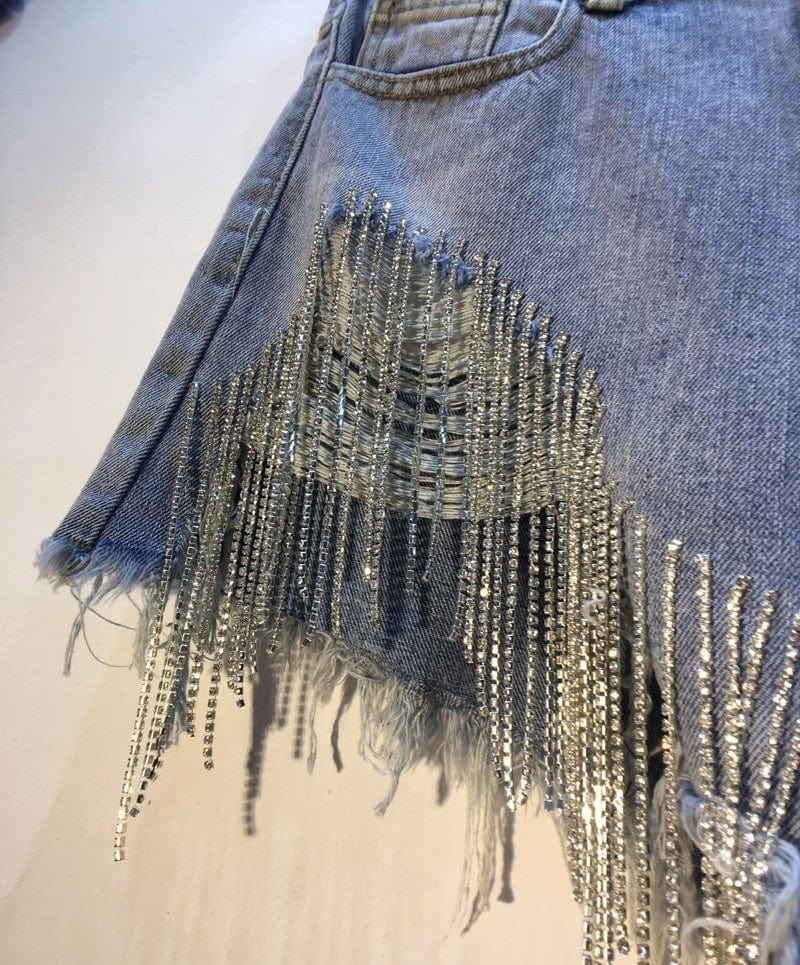 2023 New Summer Sexy Diamond Crystal Rhinestone 3XL High Waist Tassel Ripped Jean Shorts Women Denim Shorts For Women