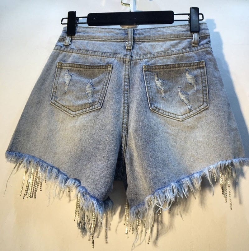 2023 New Summer Sexy Diamond Crystal Rhinestone 3XL High Waist Tassel Ripped Jean Shorts Women Denim Shorts For Women
