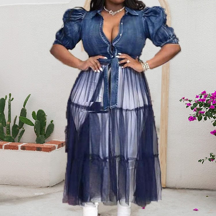 2023 New Women Trendy Clothing Puff Short Sleeve Denim Jacket With Long Tulle Dress Women Street Wear Plus Size Denim Dresses