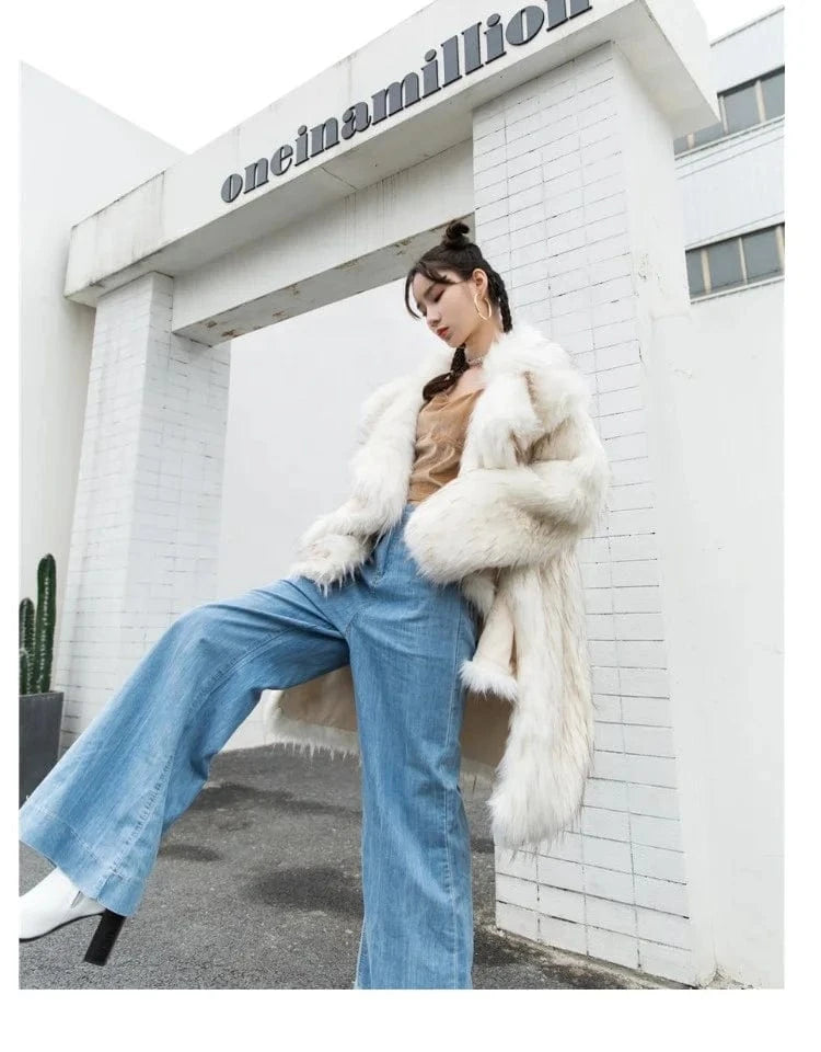 2023 Plus Size women's Winter long jacket Long Faux Raccoon White With Lapel Fox Fur women's clothing fur coat